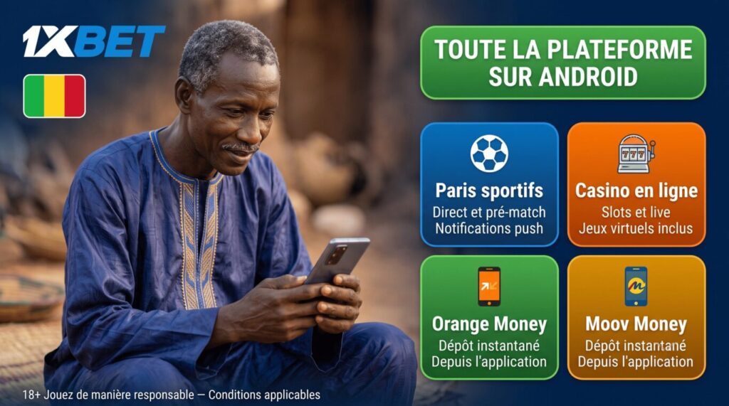 Application Android 1xBet Mali : paris sportifs, casino, dépôt Orange Money et Moov Money