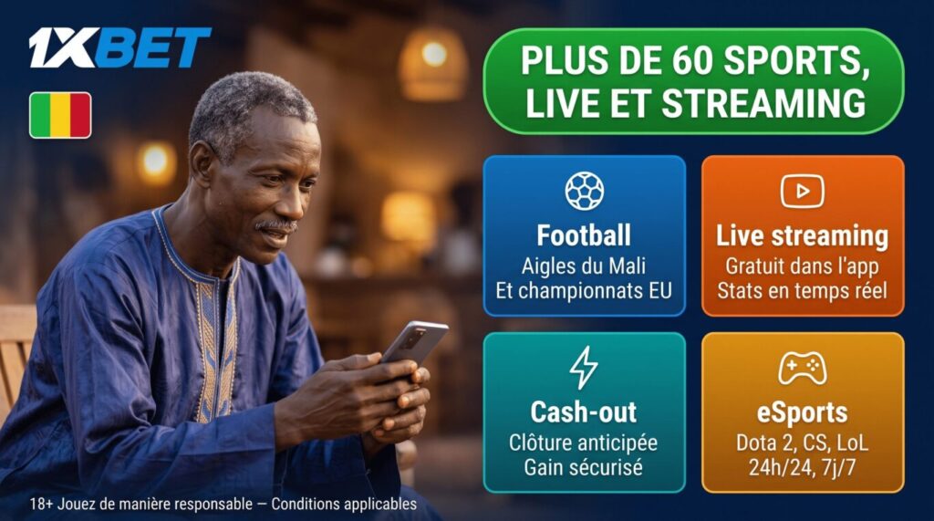 Paris sportifs 1xBet Mali : Aigles du Mali, championnats européens, live streaming et cash-out