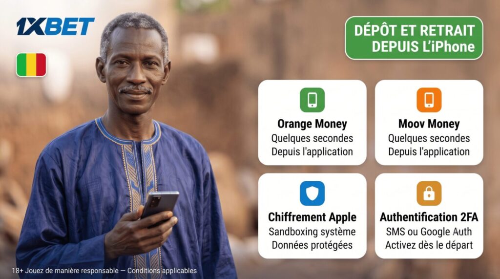 1xBet iOS Mali : dépôt Orange Money et Moov Money, Face ID et authentification 2FA