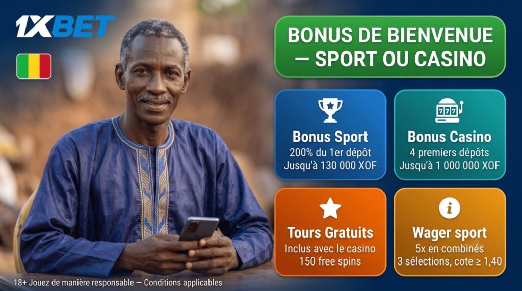 Bonus de bienvenue 1xBet Mali : 200% jusqu'à 130 000 XOF sport ou 1 000 000 XOF casino